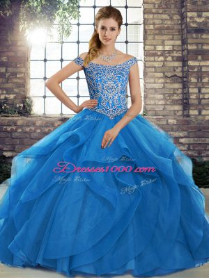 Sleeveless Brush Train Beading and Ruffles Lace Up 15 Quinceanera Dress