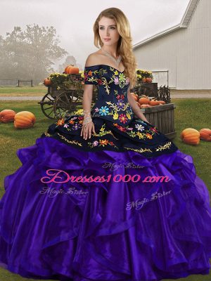 Flare Off The Shoulder Sleeveless 15th Birthday Dress Floor Length Embroidery and Ruffles Black And Purple Organza