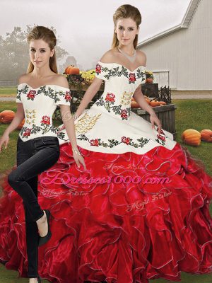 White And Red Off The Shoulder Lace Up Embroidery and Ruffles Sweet 16 Dress Sleeveless