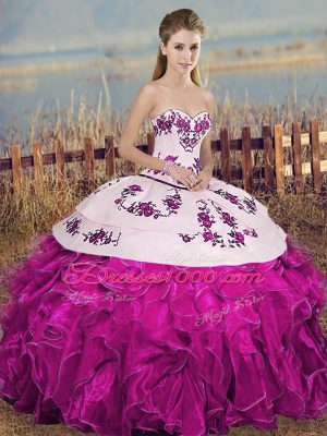 New Style Organza Sweetheart Sleeveless Lace Up Embroidery and Ruffles and Bowknot Quince Ball Gowns in Fuchsia