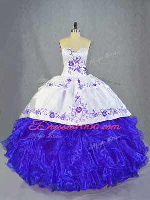 Hot Sale Blue And White Ball Gown Prom Dress Organza Brush Train Sleeveless Beading and Embroidery and Ruffles