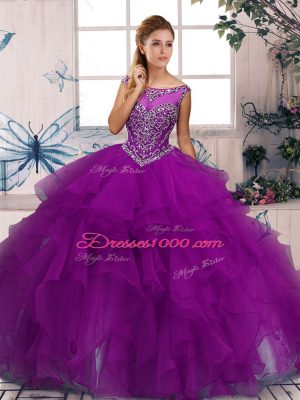 Purple Sleeveless Beading and Ruffles Floor Length Sweet 16 Quinceanera Dress