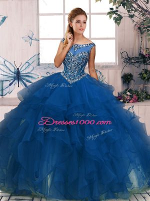 Blue Zipper Scoop Beading and Ruffles Quinceanera Gowns Organza Sleeveless