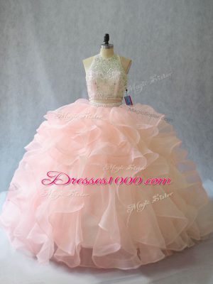 Peach Organza Backless Vestidos de Quinceanera Sleeveless Brush Train Beading and Ruffles