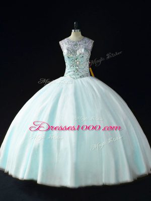 Stunning Sleeveless Floor Length Beading Lace Up Quince Ball Gowns with Apple Green