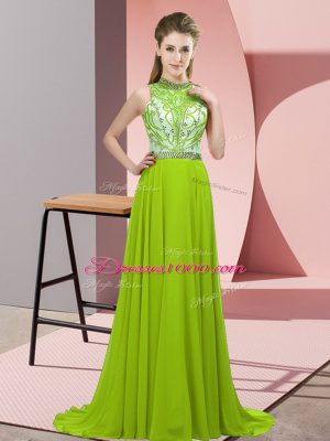 Yellow Green Homecoming Dress Halter Top Sleeveless Brush Train Backless