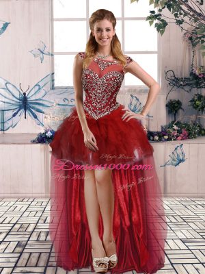 Burgundy A-line Organza Scoop Sleeveless Beading and Ruffles High Low Zipper Homecoming Dress