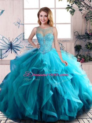 Scoop Sleeveless Lace Up Quinceanera Dress Aqua Blue Tulle