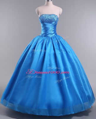 Strapless Sleeveless Lace Up Quinceanera Gown Blue Organza