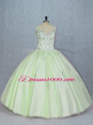 V-neck Sleeveless Quince Ball Gowns Beading Yellow Green Tulle