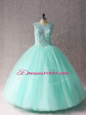 Scoop Sleeveless Tulle Quince Ball Gowns Beading Lace Up