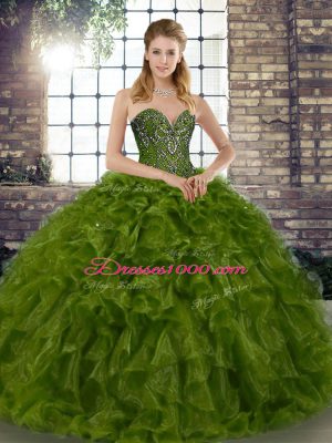 Pretty Olive Green Sleeveless Beading and Ruffles Floor Length 15 Quinceanera Dress