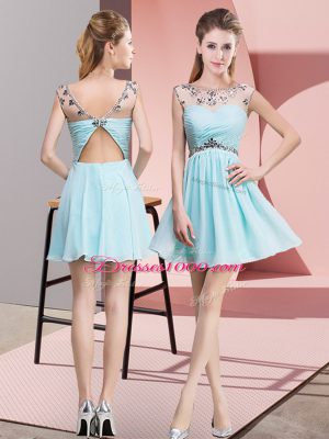 Inexpensive Mini Length Light Blue Cocktail Dress Chiffon Sleeveless Beading and Ruching