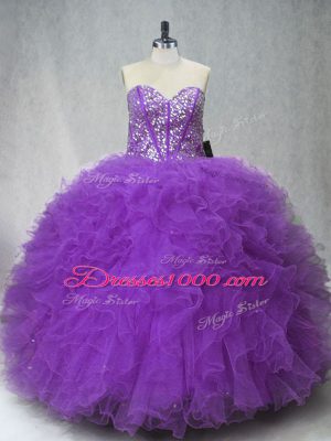 Sweetheart Sleeveless Vestidos de Quinceanera Floor Length Beading and Ruffles Purple Tulle