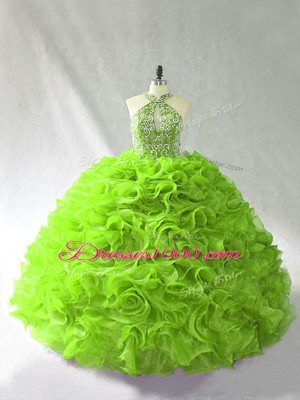 Hot Sale Lace Up Halter Top Beading and Ruffles Ball Gown Prom Dress Organza Sleeveless