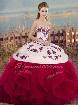 Fashionable White And Red Ball Gowns Tulle Sweetheart Sleeveless Embroidery and Ruffles and Bowknot Floor Length Lace Up Vestidos de Quinceanera