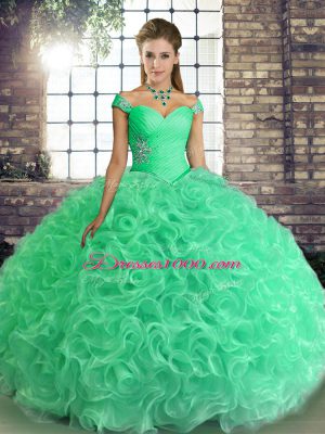 Luxurious Off The Shoulder Sleeveless Fabric With Rolling Flowers Quinceanera Dress Beading Lace Up