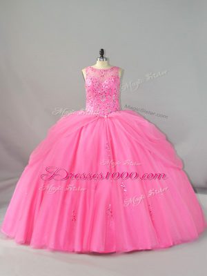 Brush Train Ball Gowns Sweet 16 Dresses Rose Pink Scoop Tulle Sleeveless Lace Up