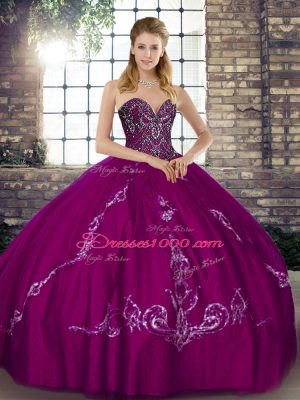 Floor Length Fuchsia Quince Ball Gowns Sweetheart Sleeveless Lace Up