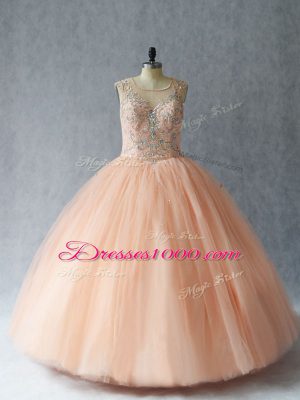 Classical Peach Lace Up Scoop Beading Vestidos de Quinceanera Tulle Sleeveless