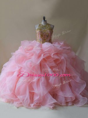 Baby Pink Scoop Backless Beading and Ruffles Vestidos de Quinceanera Brush Train Sleeveless