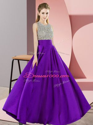 Sleeveless Elastic Woven Satin Floor Length Backless in Purple with Beading