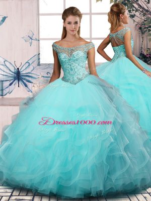 Tulle Sleeveless Floor Length 15 Quinceanera Dress and Beading and Ruffles