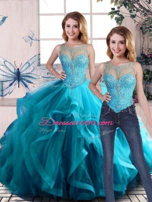 Fantastic Floor Length Two Pieces Sleeveless Aqua Blue 15th Birthday Dress Lace Up