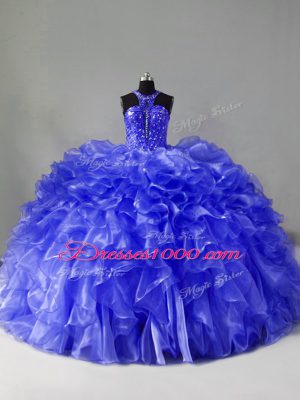 Halter Top Sleeveless Brush Train Zipper 15th Birthday Dress Blue Organza