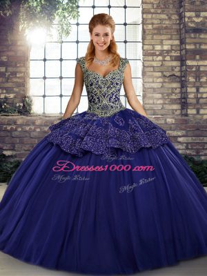 Luxury Ball Gowns 15 Quinceanera Dress Purple Straps Tulle Sleeveless Floor Length Lace Up