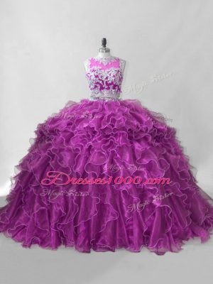 Fuchsia Zipper Scoop Beading and Ruffles Vestidos de Quinceanera Organza Sleeveless Brush Train