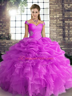 Lilac Off The Shoulder Neckline Beading and Ruffles and Pick Ups Quinceanera Gowns Sleeveless Lace Up