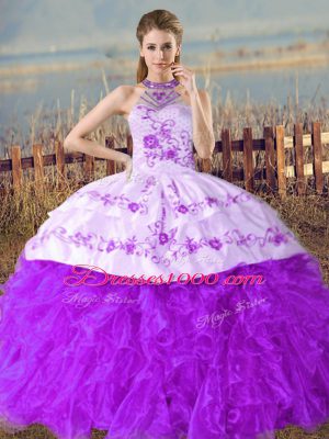 Cute Sleeveless Floor Length Embroidery and Ruffles Lace Up Quinceanera Dresses with Purple Court Train