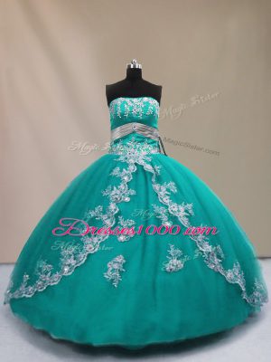 Custom Designed Turquoise Ball Gowns Appliques Sweet 16 Quinceanera Dress Lace Up Tulle Sleeveless Floor Length