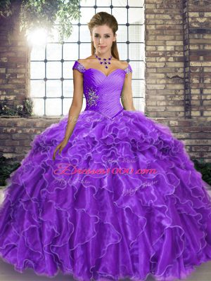 Deluxe Lavender Ball Gowns Organza Off The Shoulder Sleeveless Beading and Ruffles Lace Up Sweet 16 Dress Brush Train