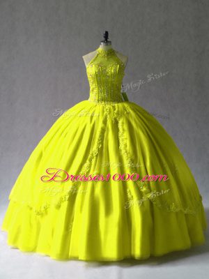 Edgy Floor Length Lace Up Quinceanera Dress Yellow Green and In with Appliques