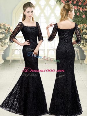 Black Lace Up Prom Gown Beading and Lace Half Sleeves Sweep Train