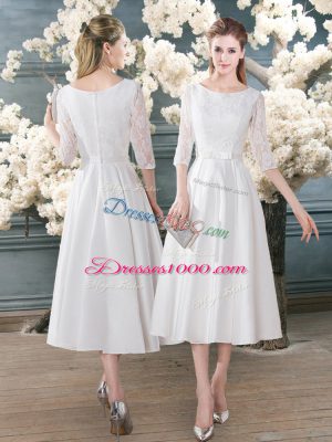 Tea Length White Prom Gown Scoop 3 4 Length Sleeve Zipper