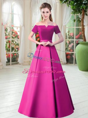 Gorgeous Fuchsia Short Sleeves Floor Length Belt Lace Up Evening Dress