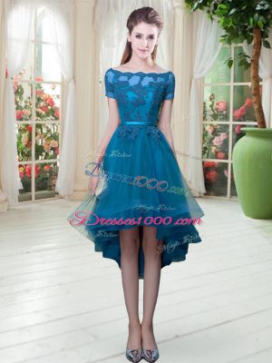 Appliques Evening Dress Teal Lace Up Short Sleeves High Low