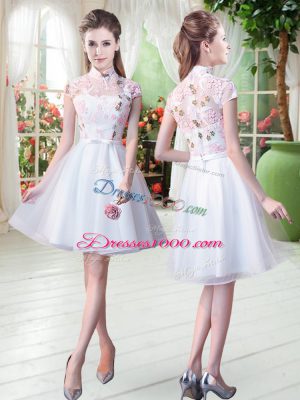 Colorful White Tulle Zipper High-neck Short Sleeves Knee Length Dress for Prom Appliques