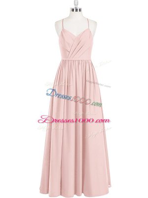 Enchanting Pink Chiffon Criss Cross Sleeveless Floor Length Ruching