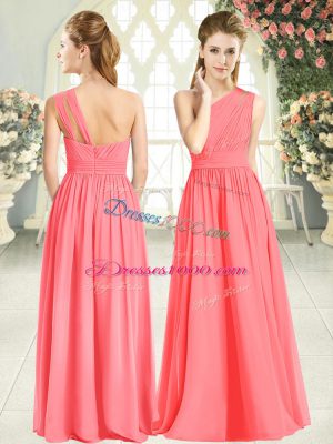 Suitable Watermelon Red Prom Gown Prom and Party with Ruching One Shoulder Sleeveless Zipper