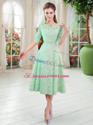 Glorious Apple Green A-line V-neck Half Sleeves Lace Tea Length Zipper Beading