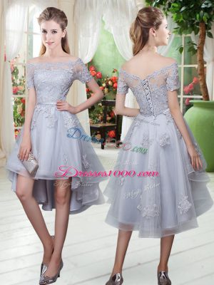 Off The Shoulder Short Sleeves Prom Dresses High Low Appliques Grey Tulle