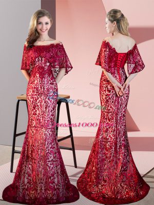 On Sale Red Prom Gown Prom and Party with Lace Off The Shoulder Half Sleeves Sweep Train Lace Up