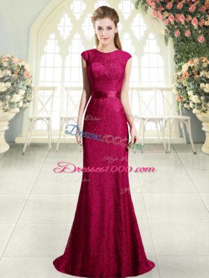 Best Selling Red Cap Sleeves Sweep Train Beading and Lace Prom Gown