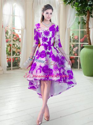 Sumptuous White And Purple Scoop Lace Up Belt Prom Dresses Half Sleeves