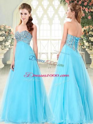 Hot Selling Floor Length Aqua Blue Prom Evening Gown Sweetheart Sleeveless Lace Up