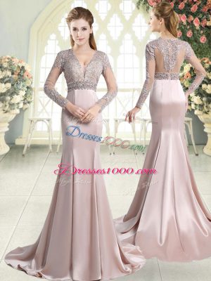 Amazing Pink Mermaid V-neck Long Sleeves Satin Sweep Train Zipper Beading and Lace Evening Dress